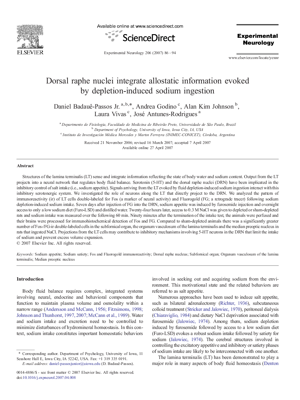 Dorsal raphe nuclei integrate allostatic information evoked by depletion-induced sodium ingestion