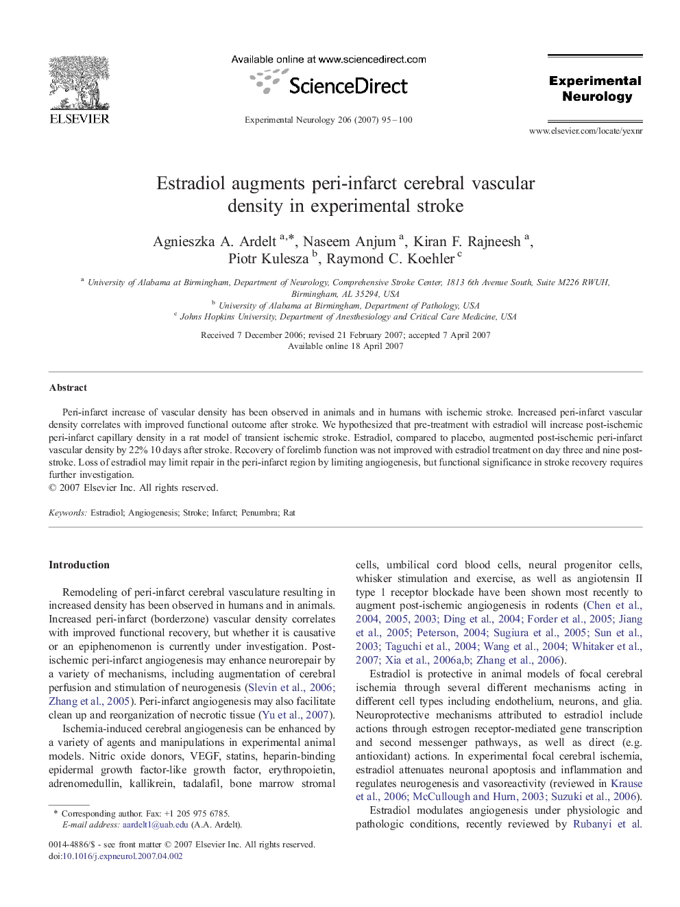 Estradiol augments peri-infarct cerebral vascular density in experimental stroke