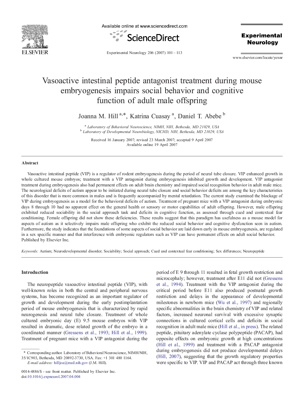 Vasoactive intestinal peptide antagonist treatment during mouse embryogenesis impairs social behavior and cognitive function of adult male offspring