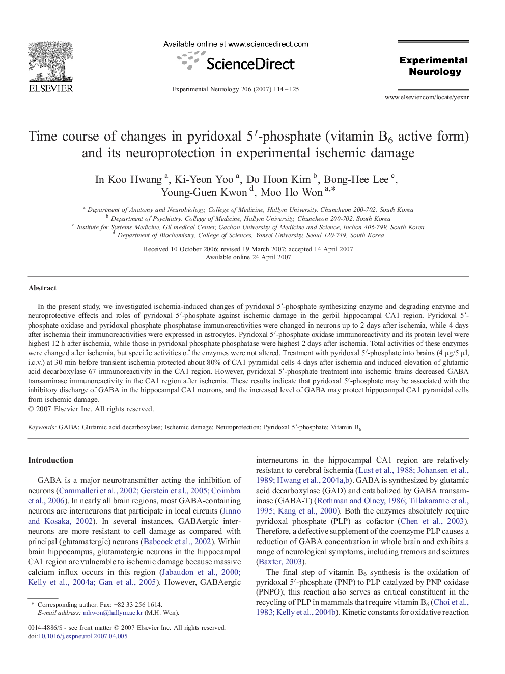 Time course of changes in pyridoxal 5′-phosphate (vitamin B6 active form) and its neuroprotection in experimental ischemic damage