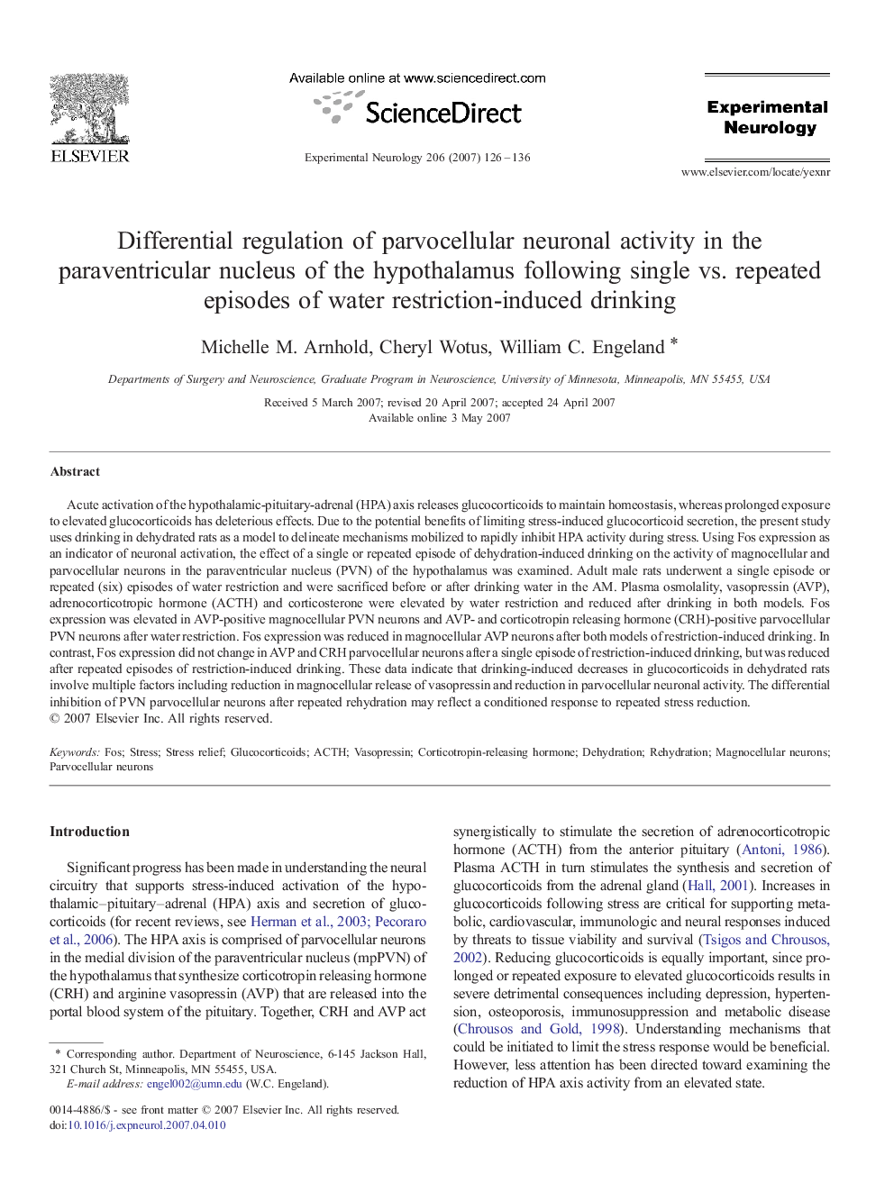 Differential regulation of parvocellular neuronal activity in the paraventricular nucleus of the hypothalamus following single vs. repeated episodes of water restriction-induced drinking