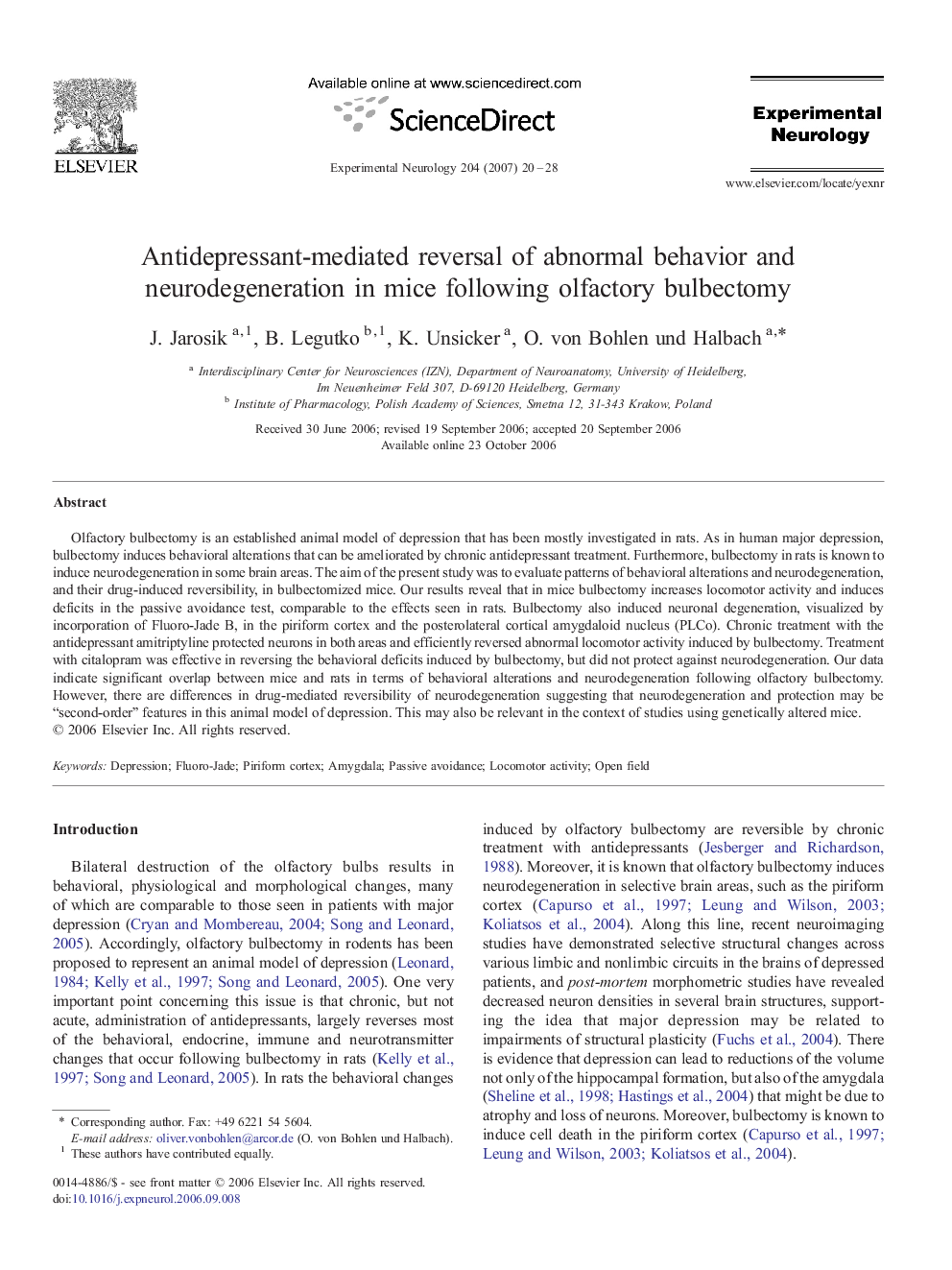 Antidepressant-mediated reversal of abnormal behavior and neurodegeneration in mice following olfactory bulbectomy