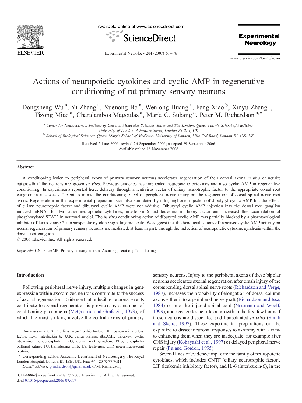 Actions of neuropoietic cytokines and cyclic AMP in regenerative conditioning of rat primary sensory neurons