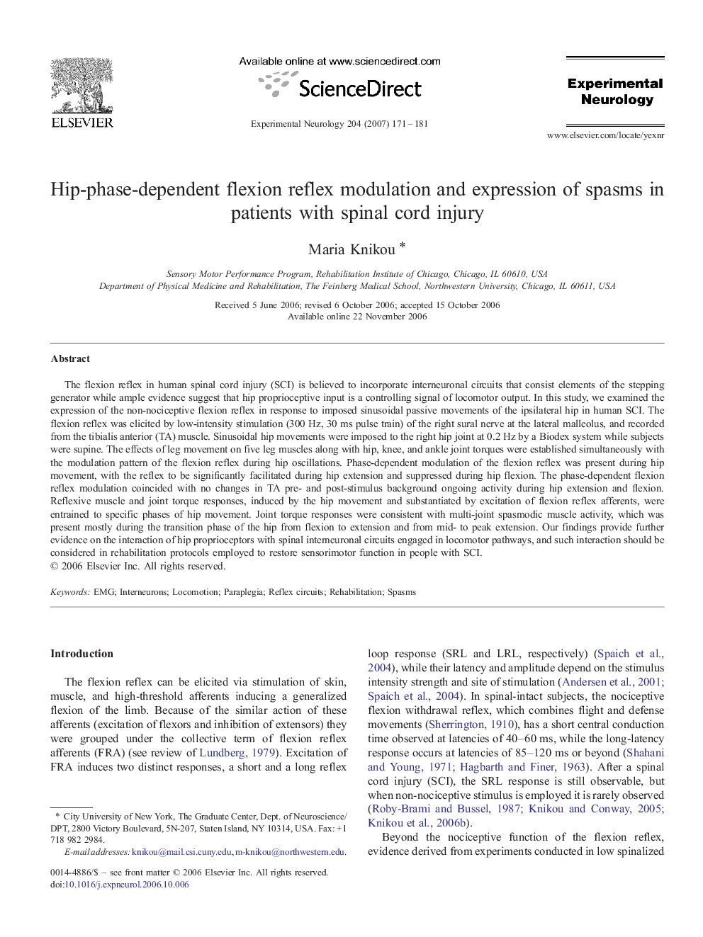 Hip-phase-dependent flexion reflex modulation and expression of spasms in patients with spinal cord injury