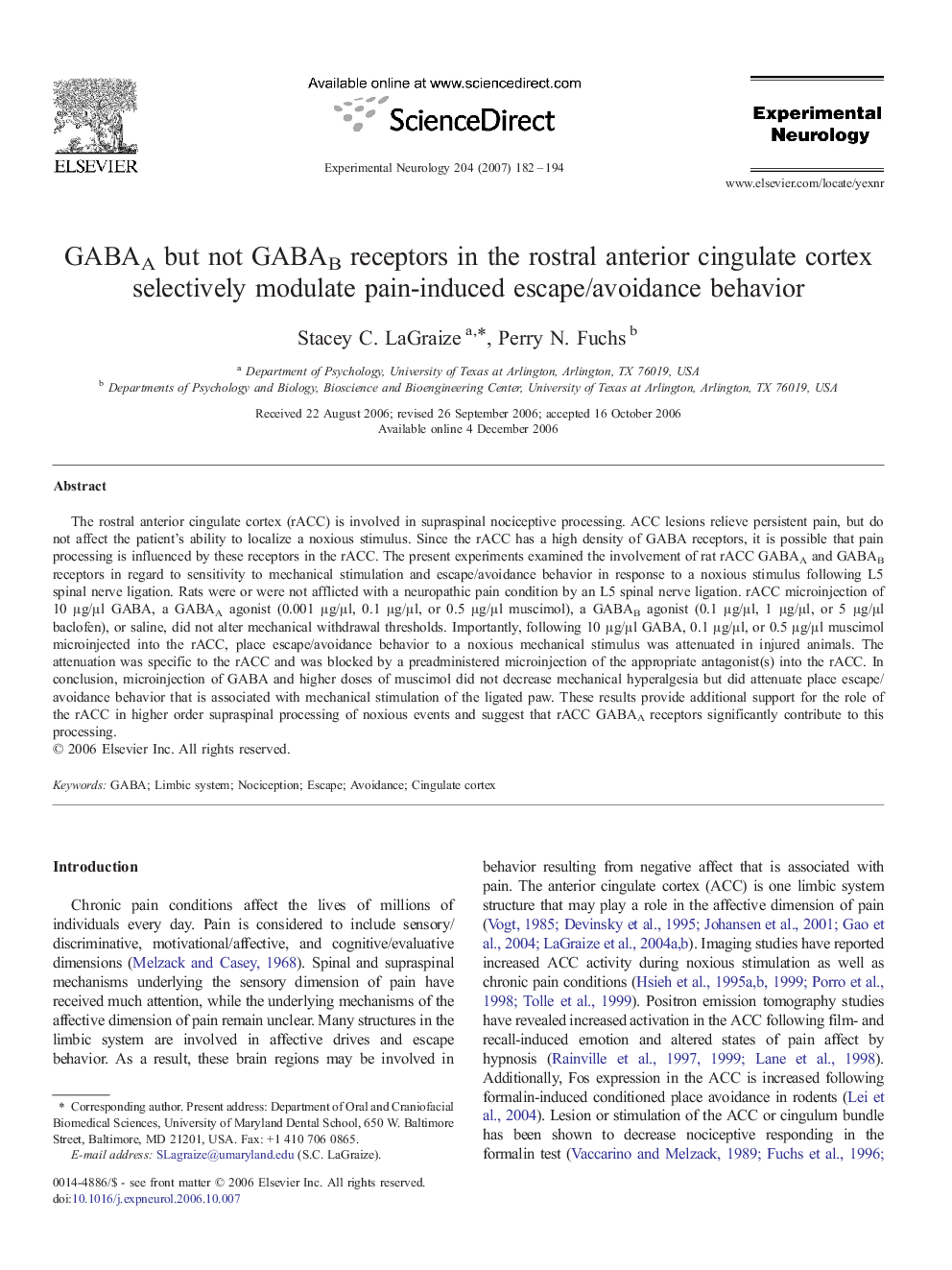 GABAA but not GABAB receptors in the rostral anterior cingulate cortex selectively modulate pain-induced escape/avoidance behavior