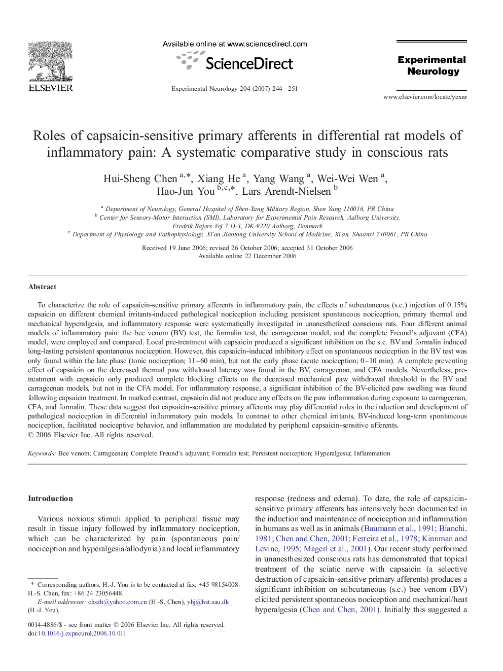 Roles of capsaicin-sensitive primary afferents in differential rat models of inflammatory pain: A systematic comparative study in conscious rats