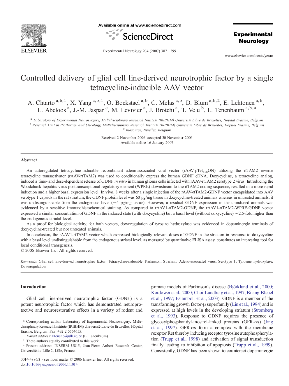 Controlled delivery of glial cell line-derived neurotrophic factor by a single tetracycline-inducible AAV vector