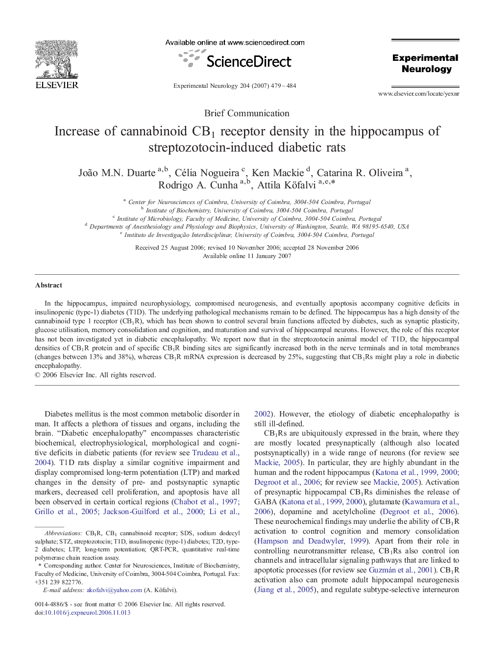 Increase of cannabinoid CB1 receptor density in the hippocampus of streptozotocin-induced diabetic rats