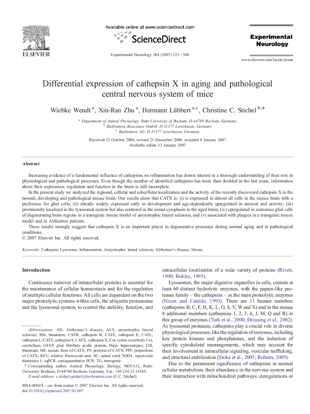 Differential expression of cathepsin X in aging and pathological central nervous system of mice