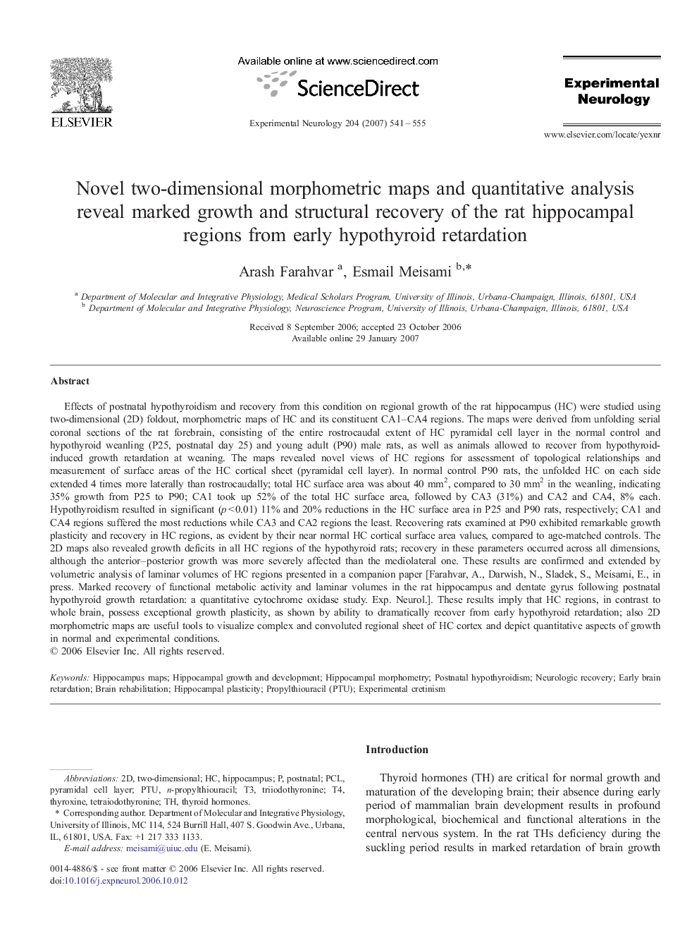 Novel two-dimensional morphometric maps and quantitative analysis reveal marked growth and structural recovery of the rat hippocampal regions from early hypothyroid retardation