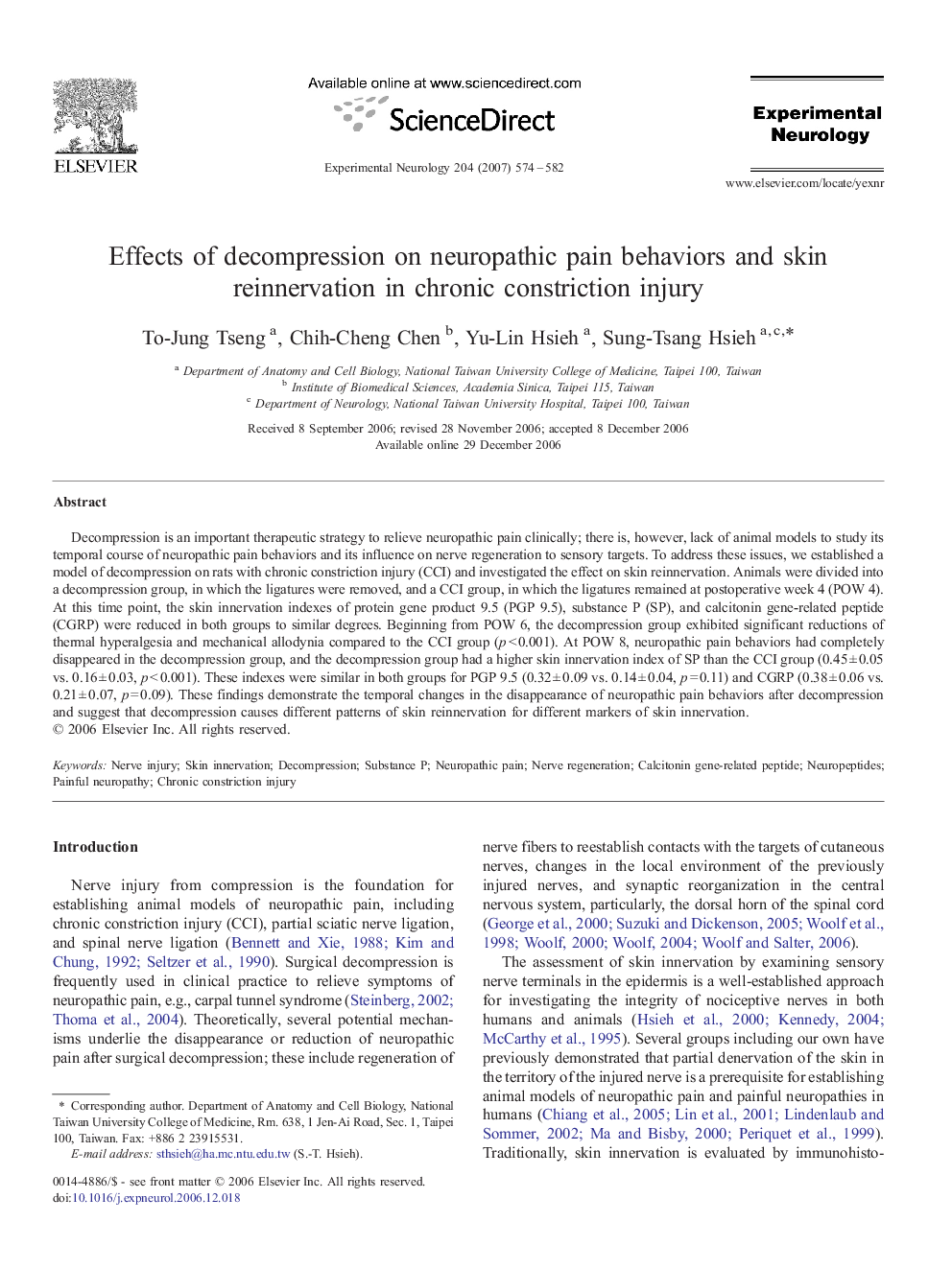 Effects of decompression on neuropathic pain behaviors and skin reinnervation in chronic constriction injury