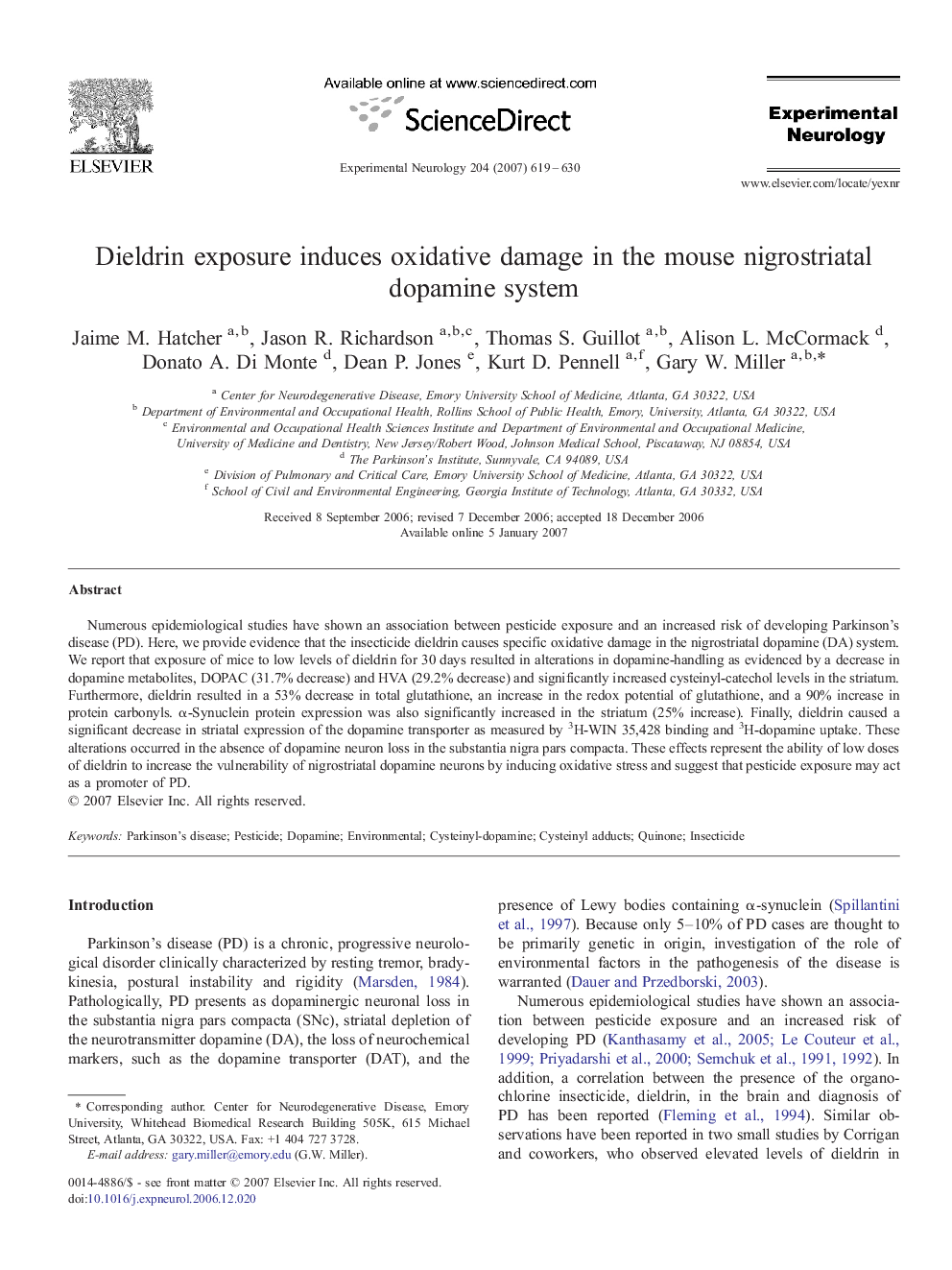 Dieldrin exposure induces oxidative damage in the mouse nigrostriatal dopamine system