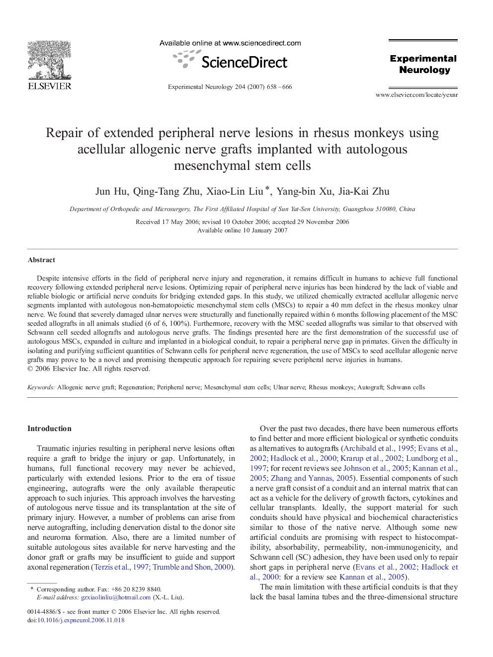 Repair of extended peripheral nerve lesions in rhesus monkeys using acellular allogenic nerve grafts implanted with autologous mesenchymal stem cells