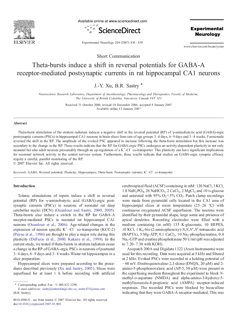 Theta-bursts induce a shift in reversal potentials for GABA-A receptor-mediated postsynaptic currents in rat hippocampal CA1 neurons