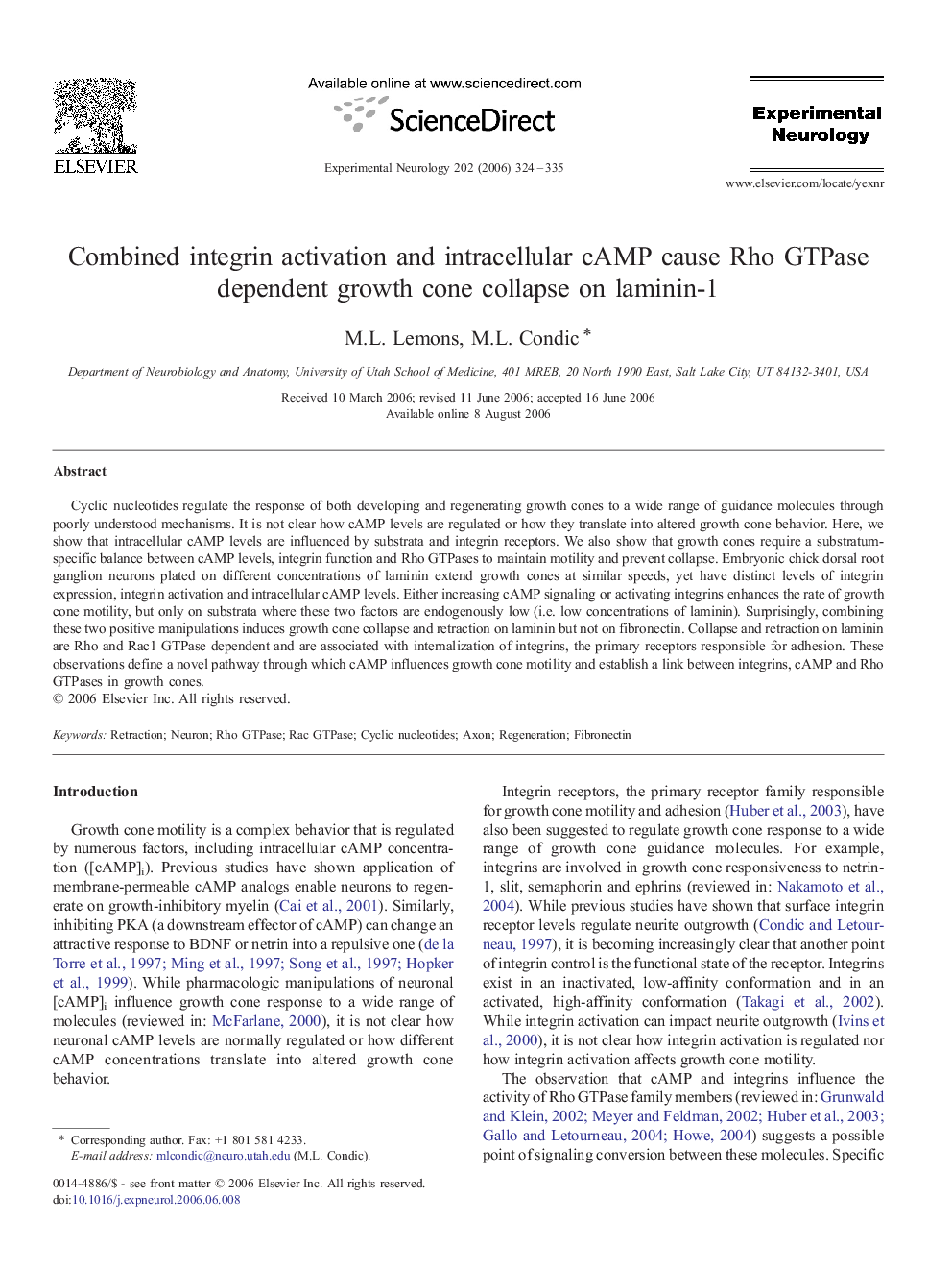 Combined integrin activation and intracellular cAMP cause Rho GTPase dependent growth cone collapse on laminin-1