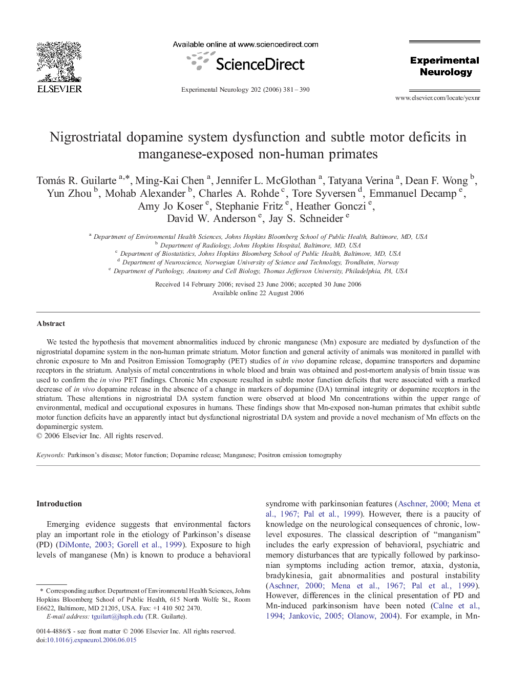 Nigrostriatal dopamine system dysfunction and subtle motor deficits in manganese-exposed non-human primates