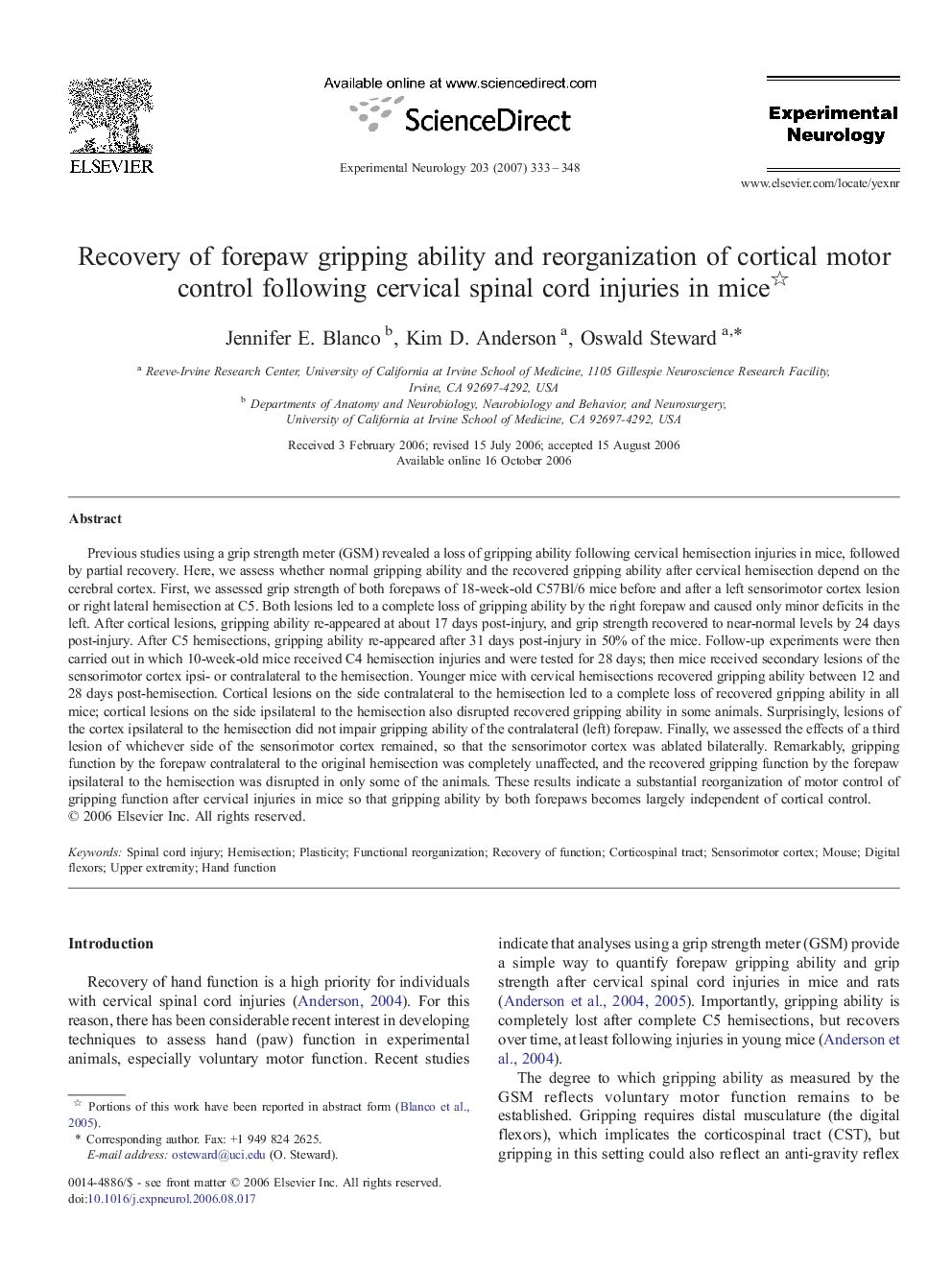 Recovery of forepaw gripping ability and reorganization of cortical motor control following cervical spinal cord injuries in mice 