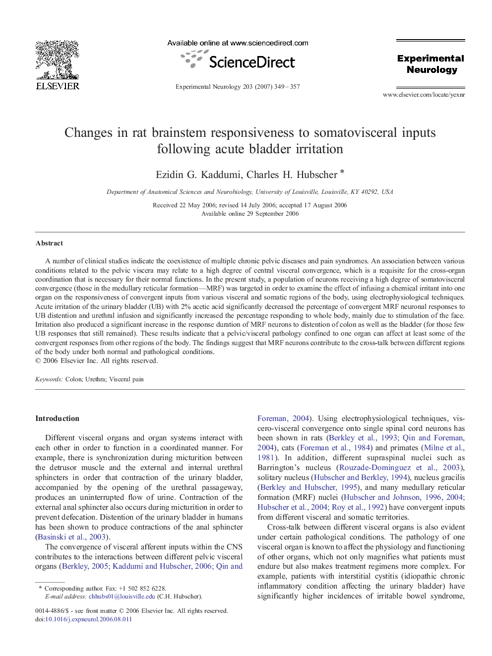 Changes in rat brainstem responsiveness to somatovisceral inputs following acute bladder irritation