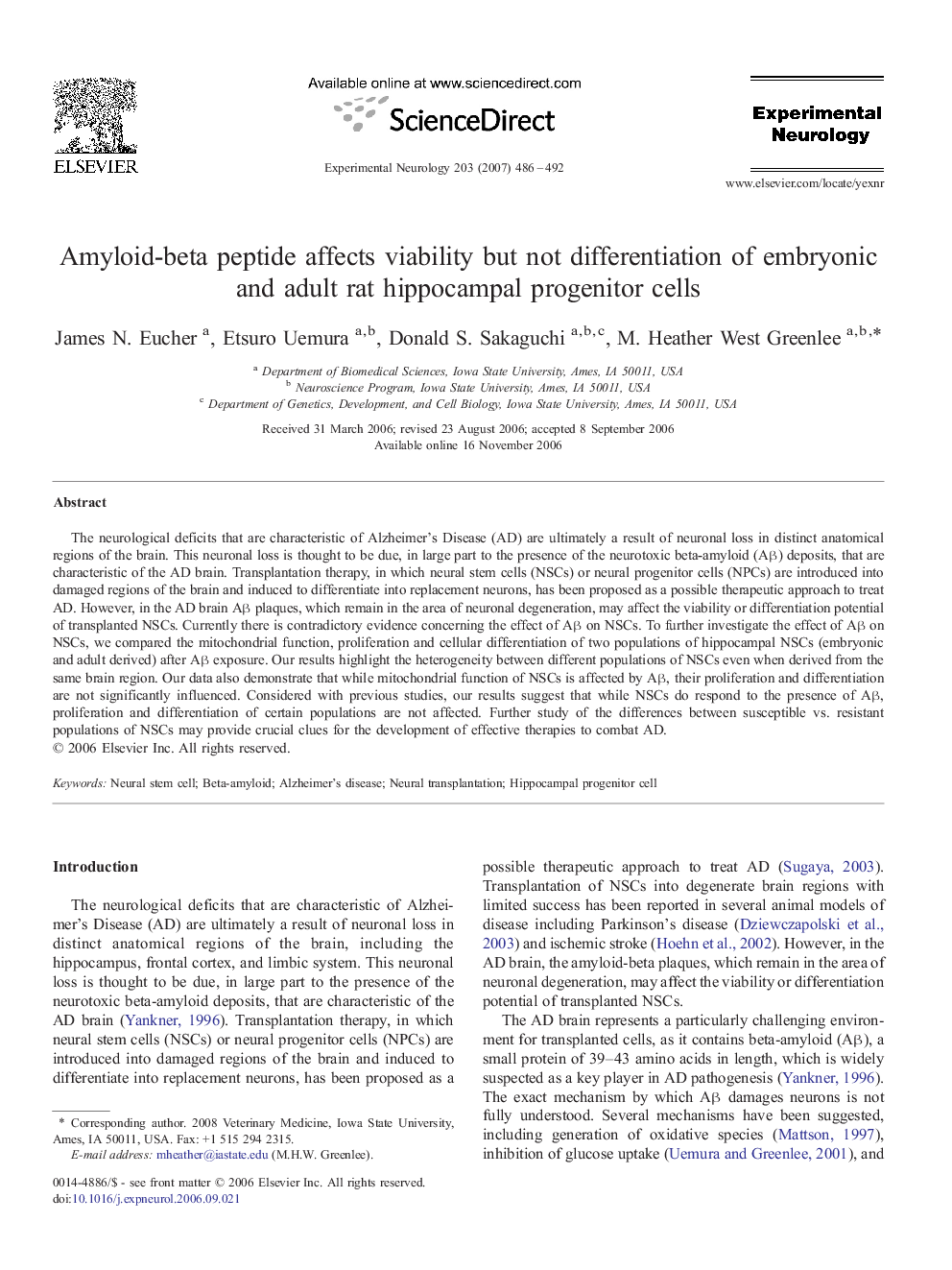 Amyloid-beta peptide affects viability but not differentiation of embryonic and adult rat hippocampal progenitor cells