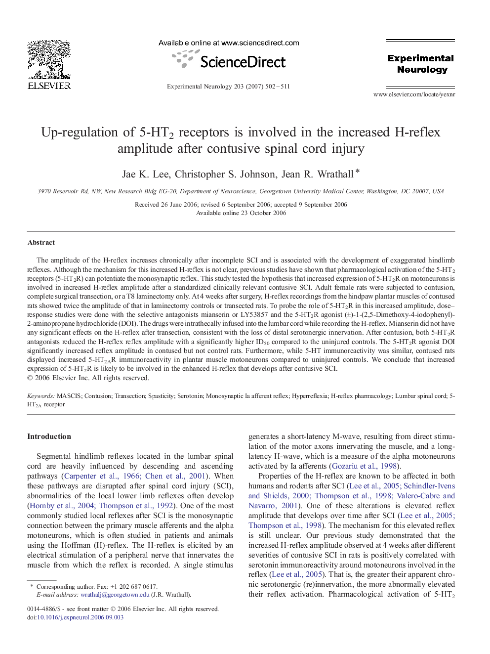 Up-regulation of 5-HT2 receptors is involved in the increased H-reflex amplitude after contusive spinal cord injury