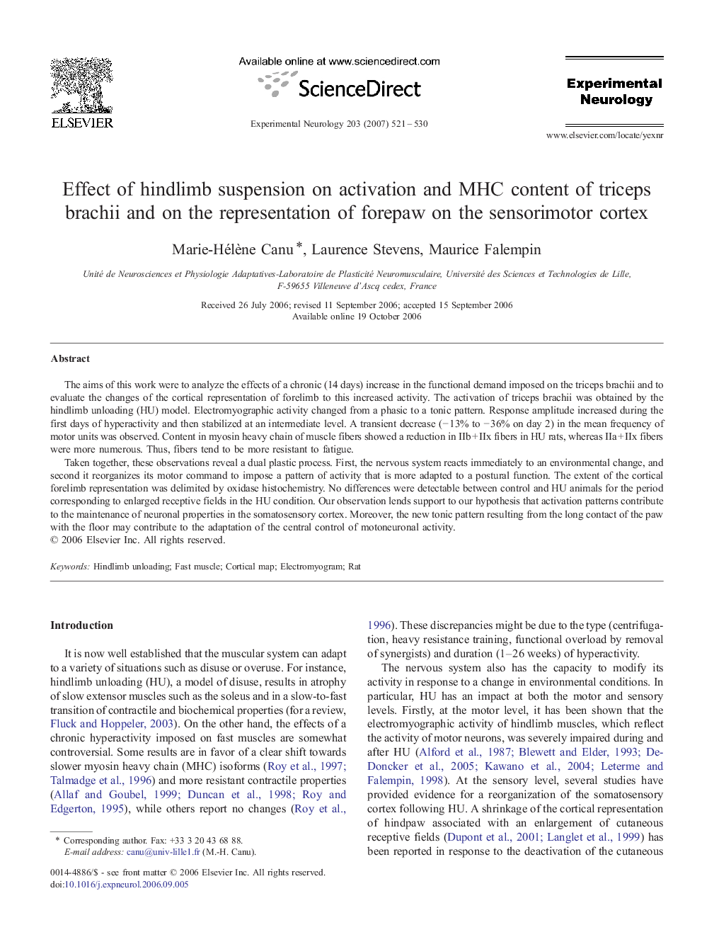 Effect of hindlimb suspension on activation and MHC content of triceps brachii and on the representation of forepaw on the sensorimotor cortex