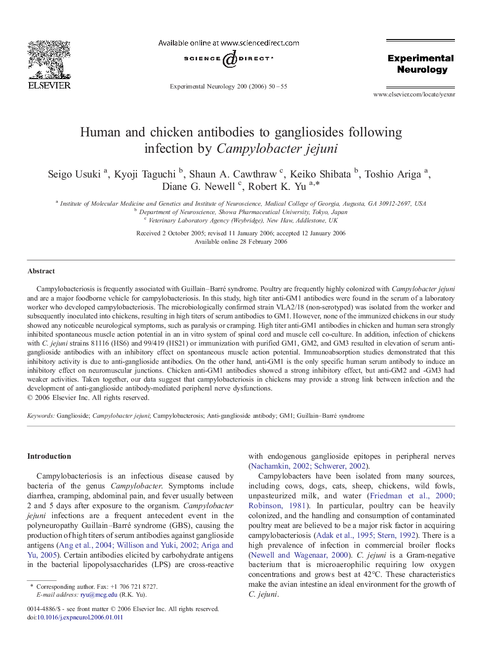 Human and chicken antibodies to gangliosides following infection by Campylobacter jejuni