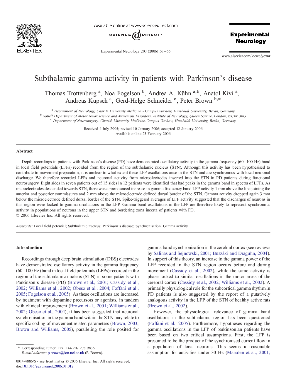 Subthalamic gamma activity in patients with Parkinson's disease