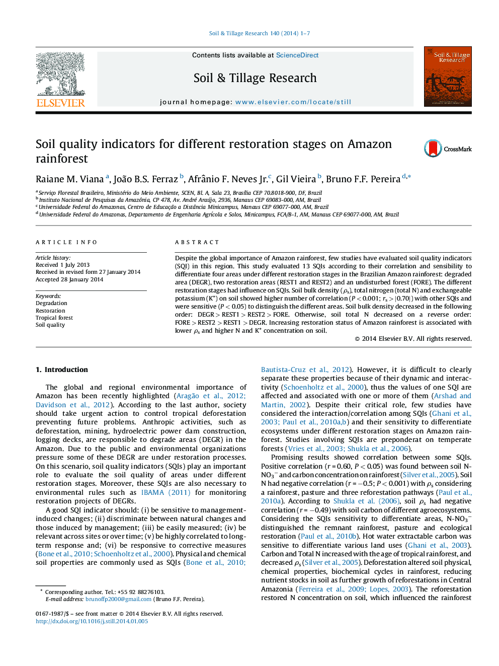 Soil quality indicators for different restoration stages on Amazon rainforest