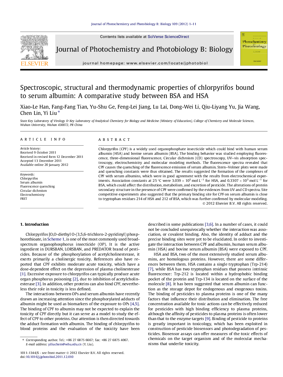 Spectroscopic, structural and thermodynamic properties of chlorpyrifos bound to serum albumin: A comparative study between BSA and HSA