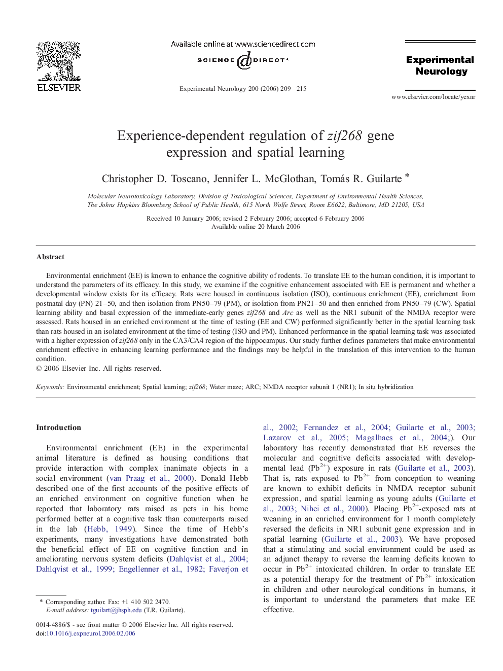 Experience-dependent regulation of zif268 gene expression and spatial learning