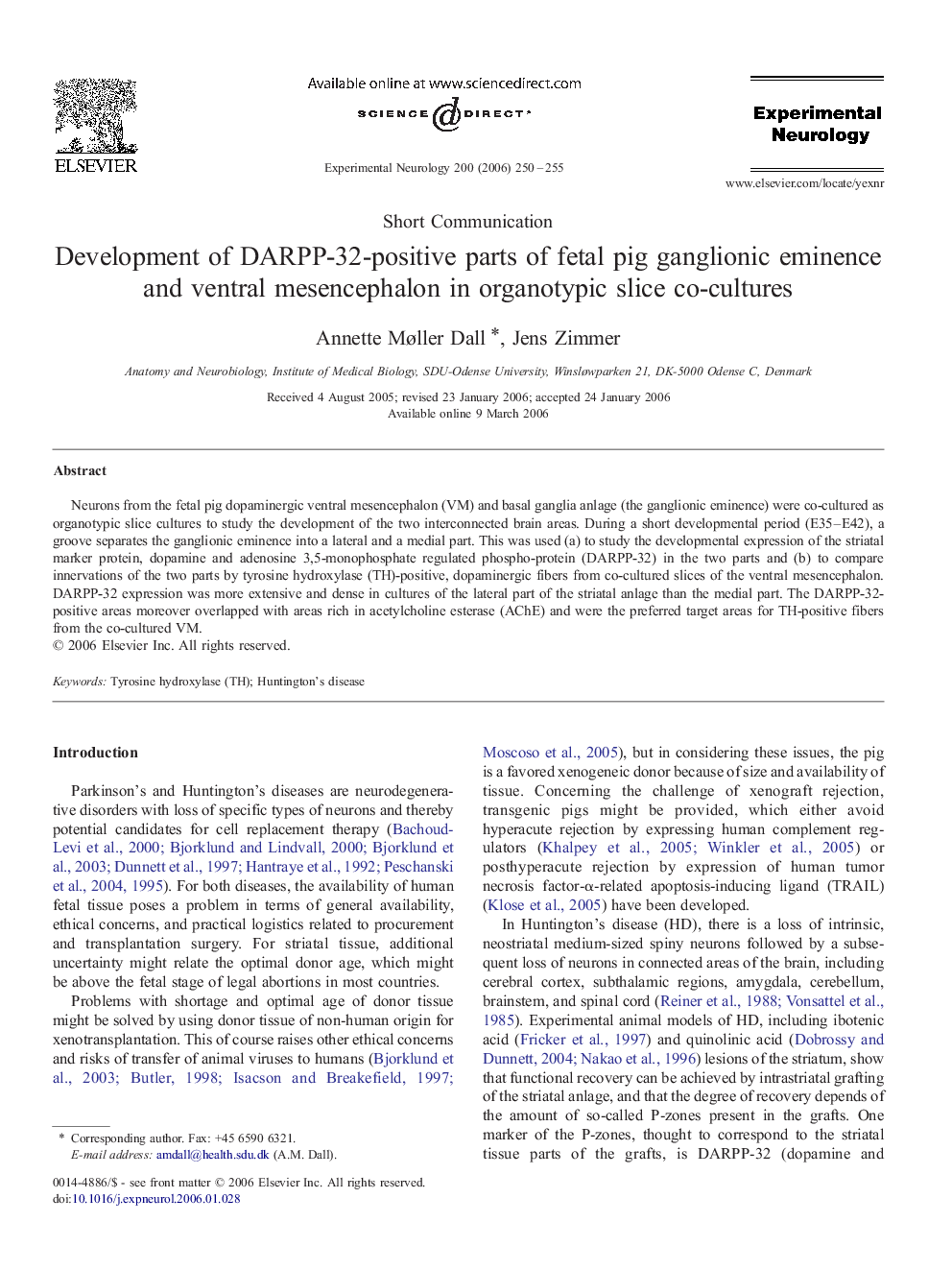 Development of DARPP-32-positive parts of fetal pig ganglionic eminence and ventral mesencephalon in organotypic slice co-cultures