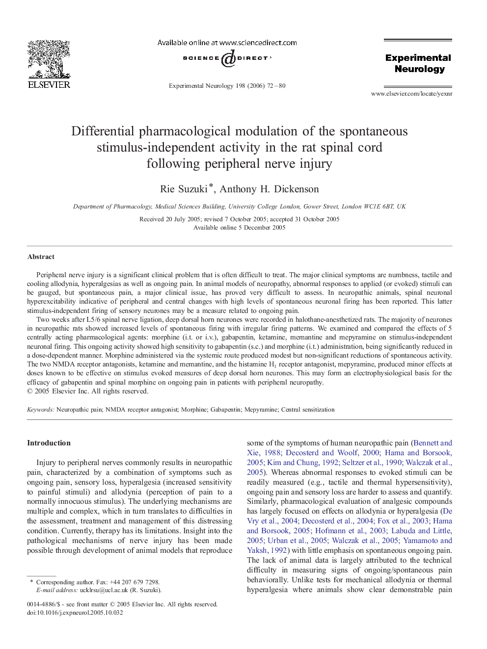 Differential pharmacological modulation of the spontaneous stimulus-independent activity in the rat spinal cord following peripheral nerve injury