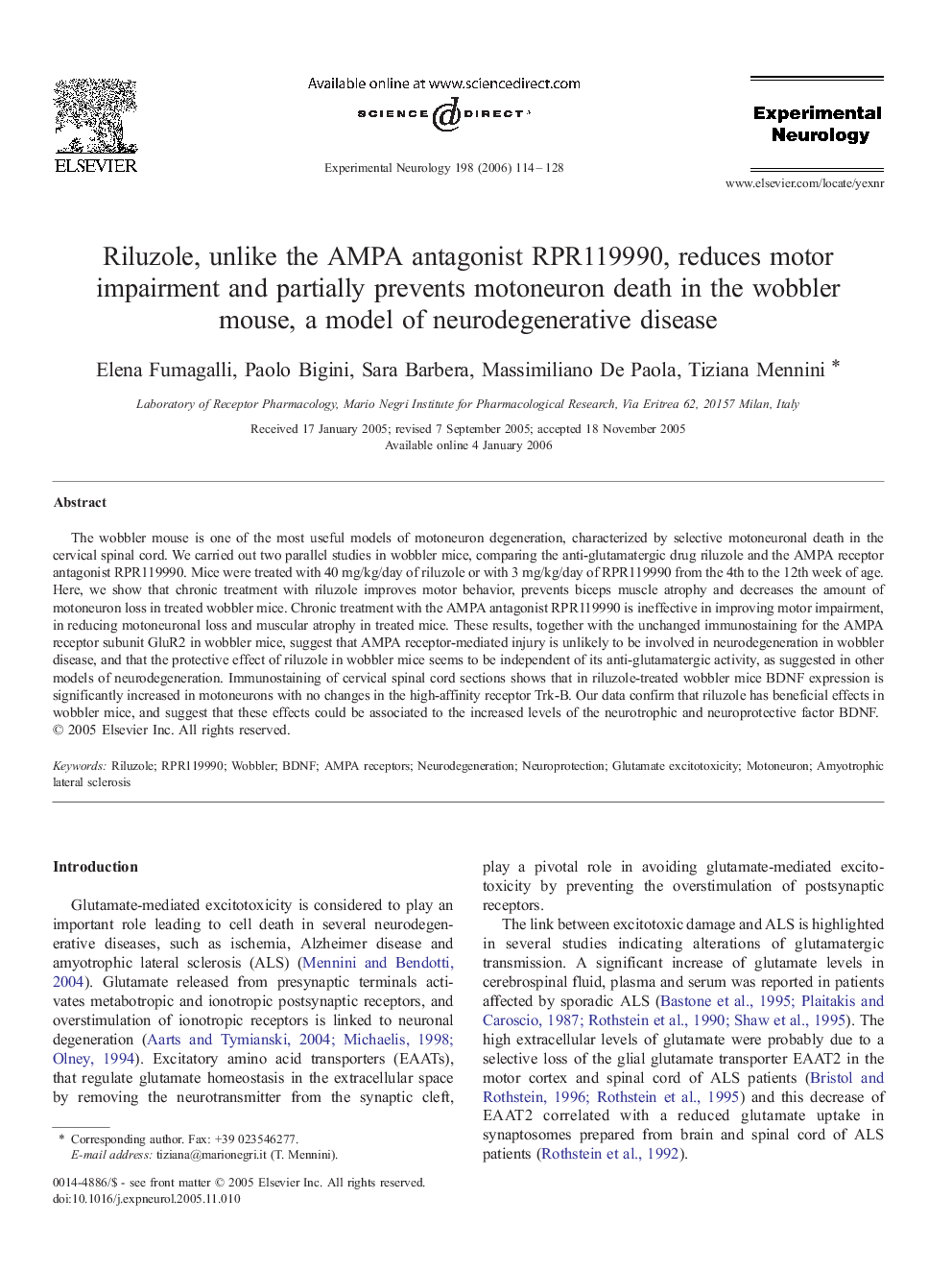 Riluzole, unlike the AMPA antagonist RPR119990, reduces motor impairment and partially prevents motoneuron death in the wobbler mouse, a model of neurodegenerative disease