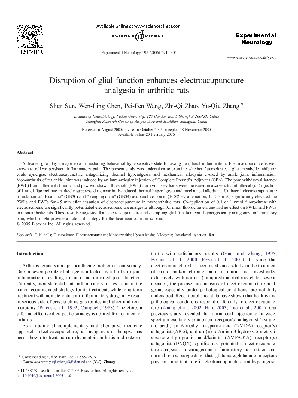 Disruption of glial function enhances electroacupuncture analgesia in arthritic rats