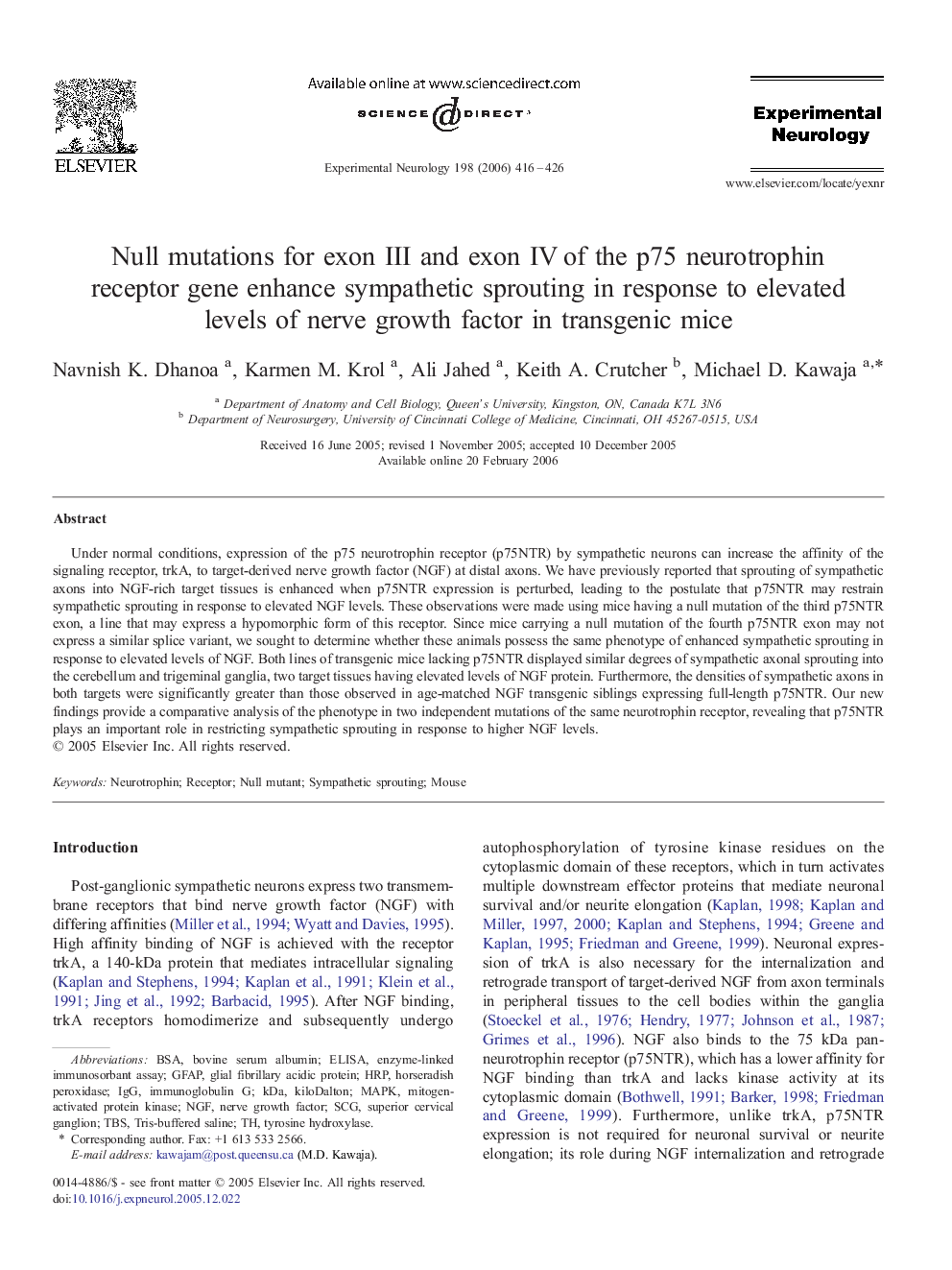 Null mutations for exon III and exon IV of the p75 neurotrophin receptor gene enhance sympathetic sprouting in response to elevated levels of nerve growth factor in transgenic mice