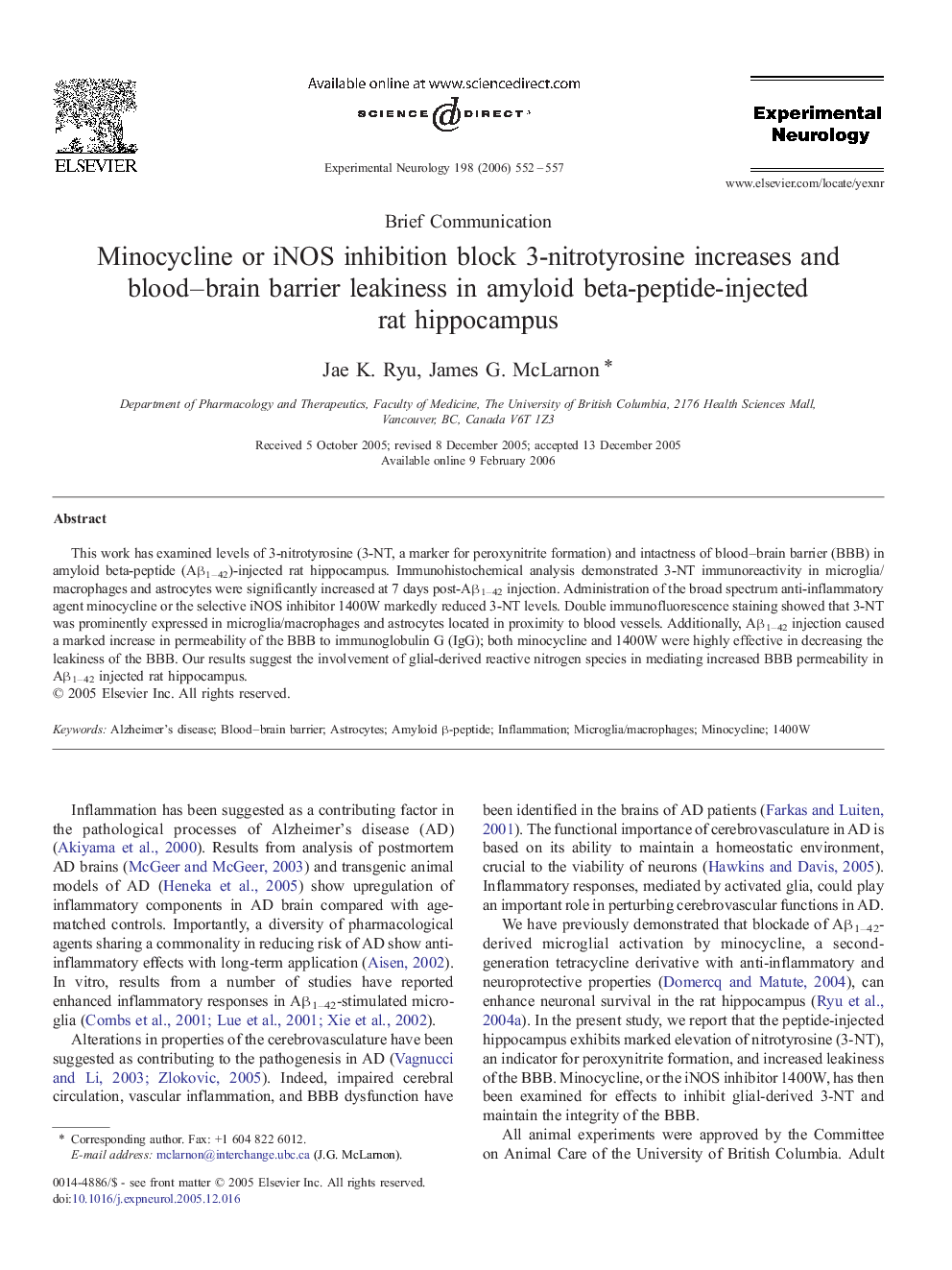 Minocycline or iNOS inhibition block 3-nitrotyrosine increases and blood–brain barrier leakiness in amyloid beta-peptide-injected rat hippocampus