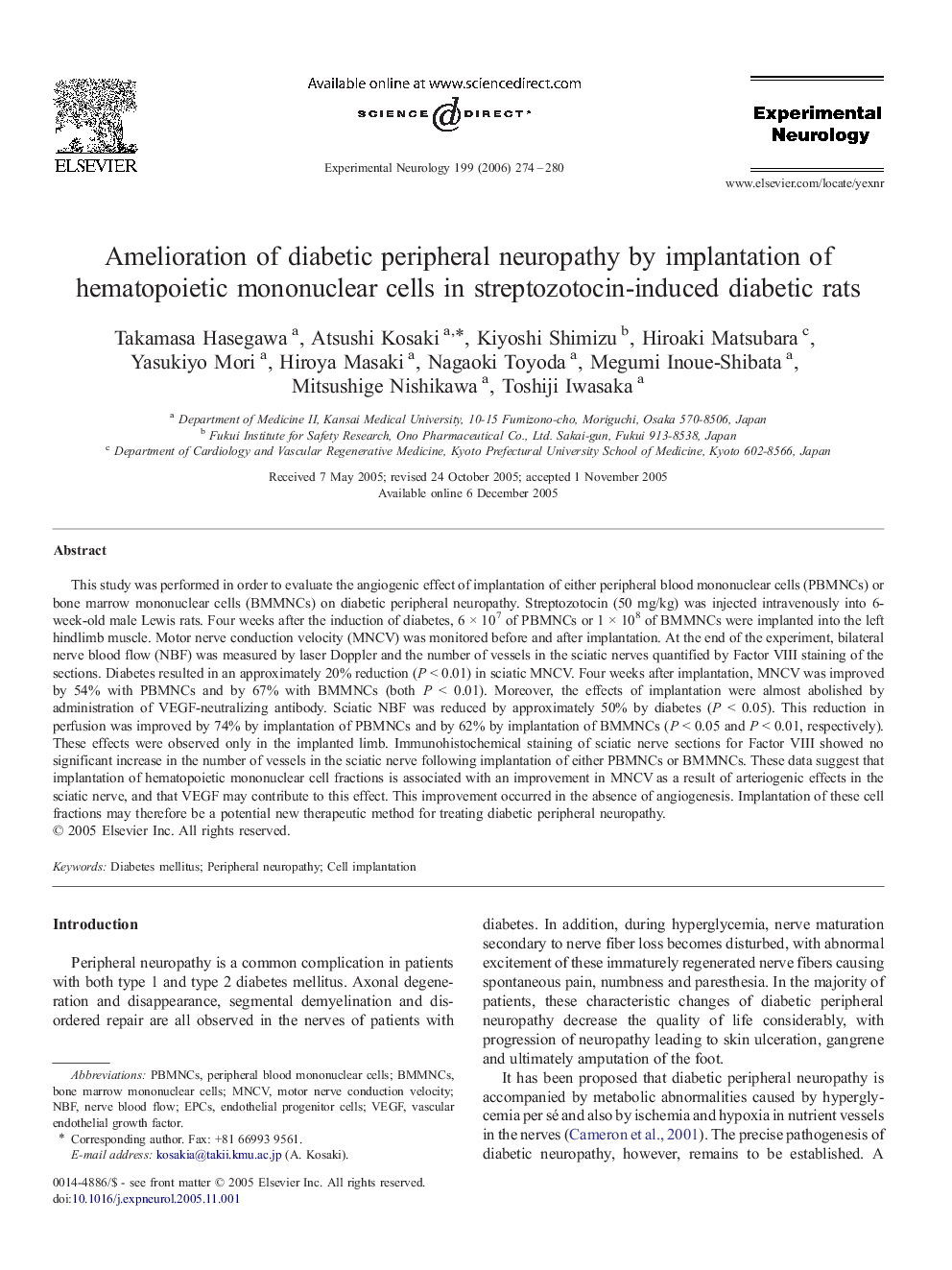 Amelioration of diabetic peripheral neuropathy by implantation of hematopoietic mononuclear cells in streptozotocin-induced diabetic rats