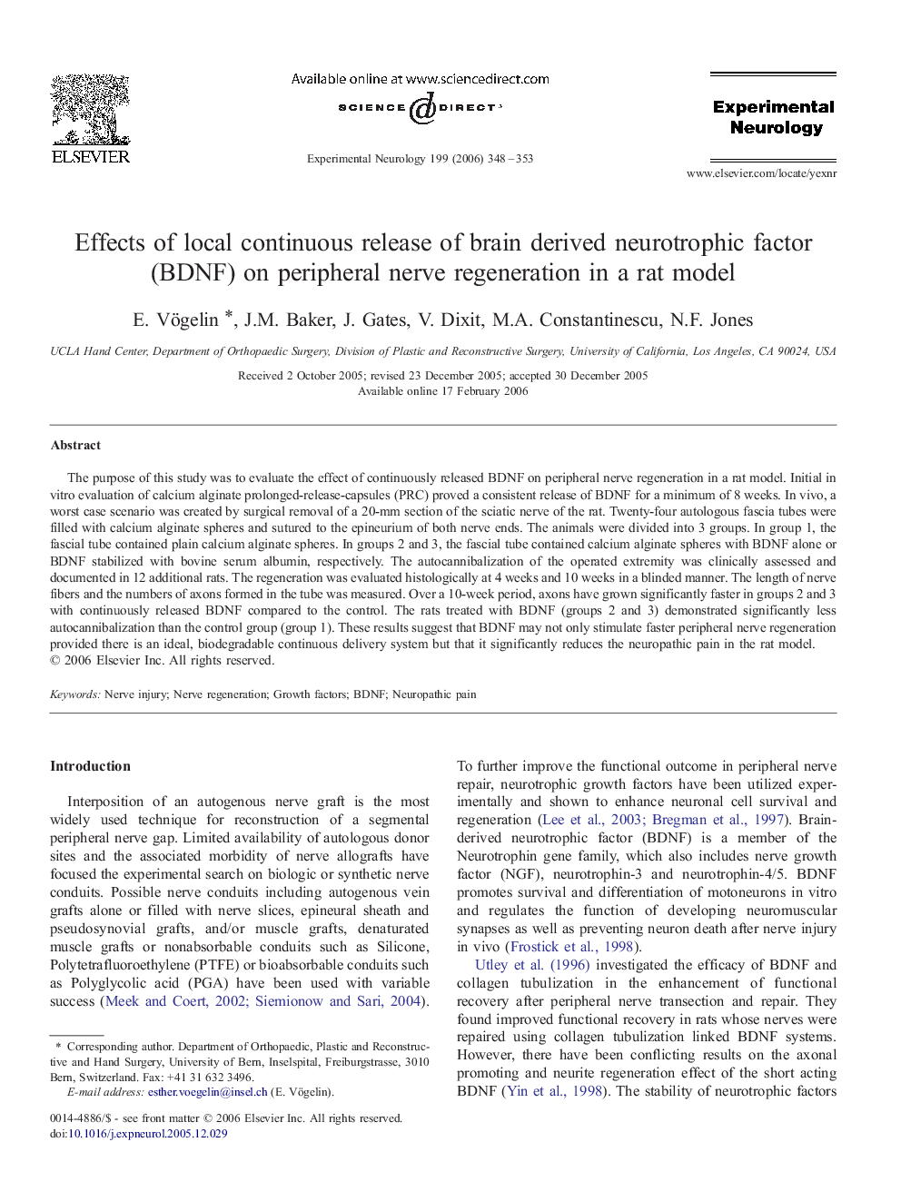 Effects of local continuous release of brain derived neurotrophic factor (BDNF) on peripheral nerve regeneration in a rat model