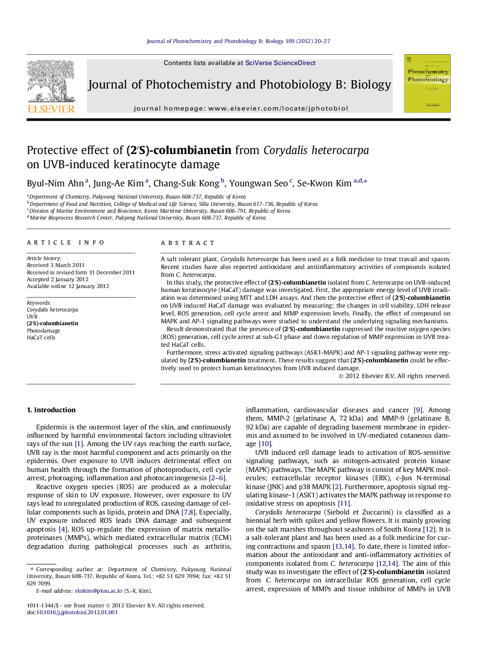 Protective effect of (2′S)-columbianetin from Corydalis heterocarpa on UVB-induced keratinocyte damage