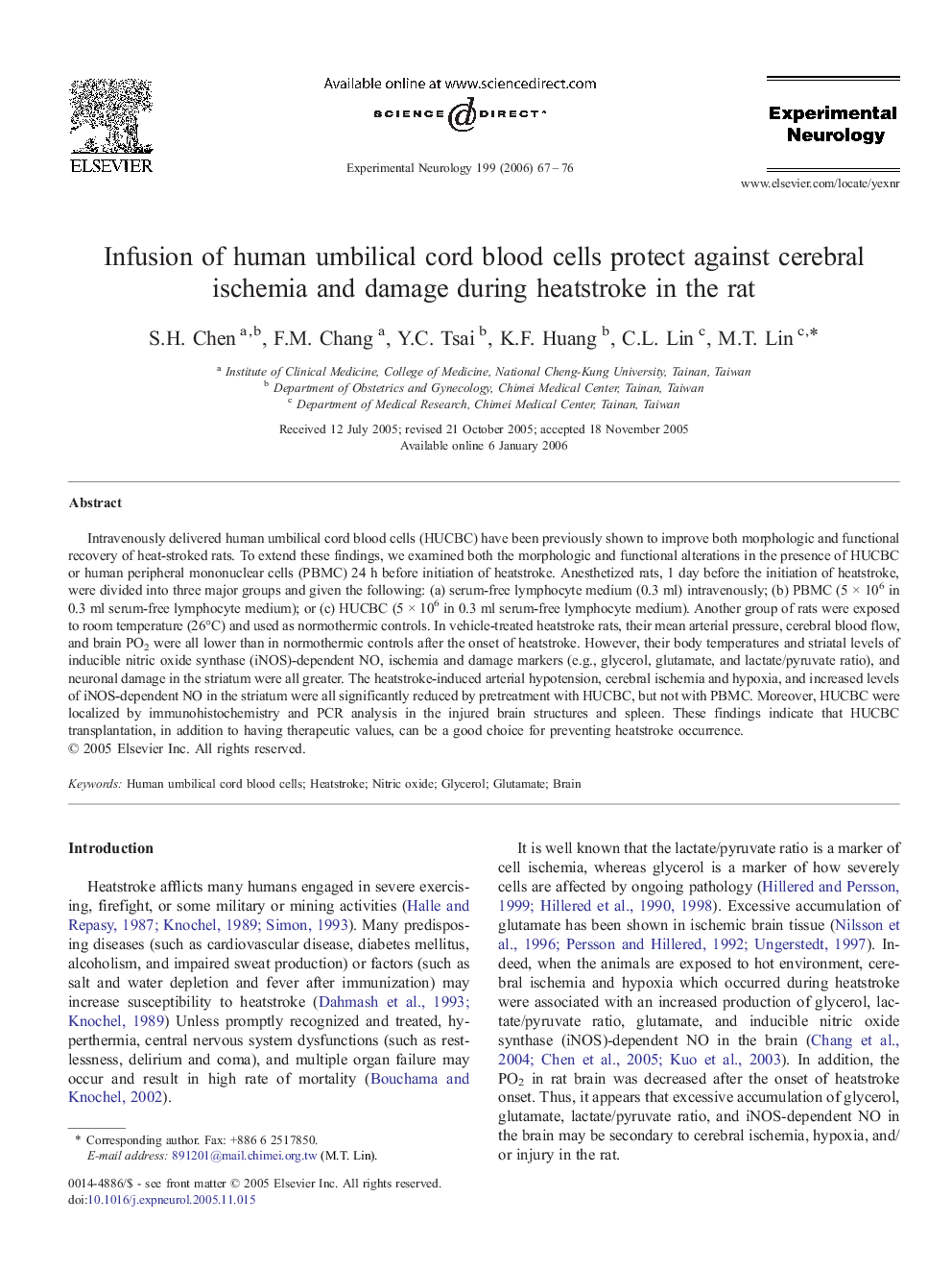 Infusion of human umbilical cord blood cells protect against cerebral ischemia and damage during heatstroke in the rat