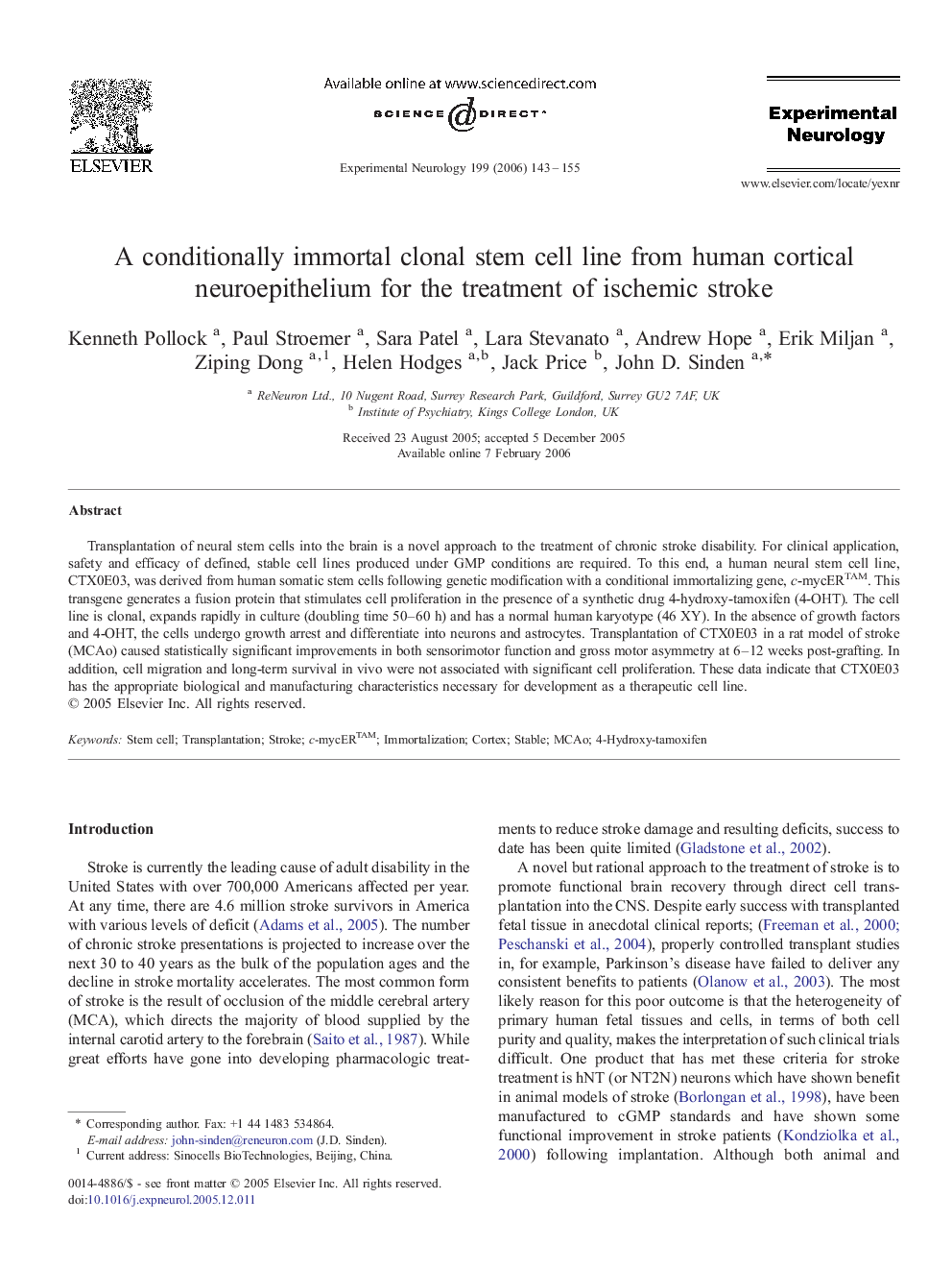 A conditionally immortal clonal stem cell line from human cortical neuroepithelium for the treatment of ischemic stroke