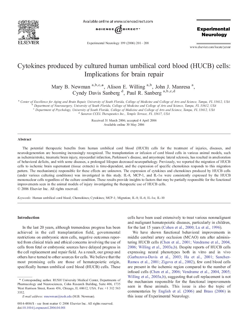 Cytokines produced by cultured human umbilical cord blood (HUCB) cells: Implications for brain repair