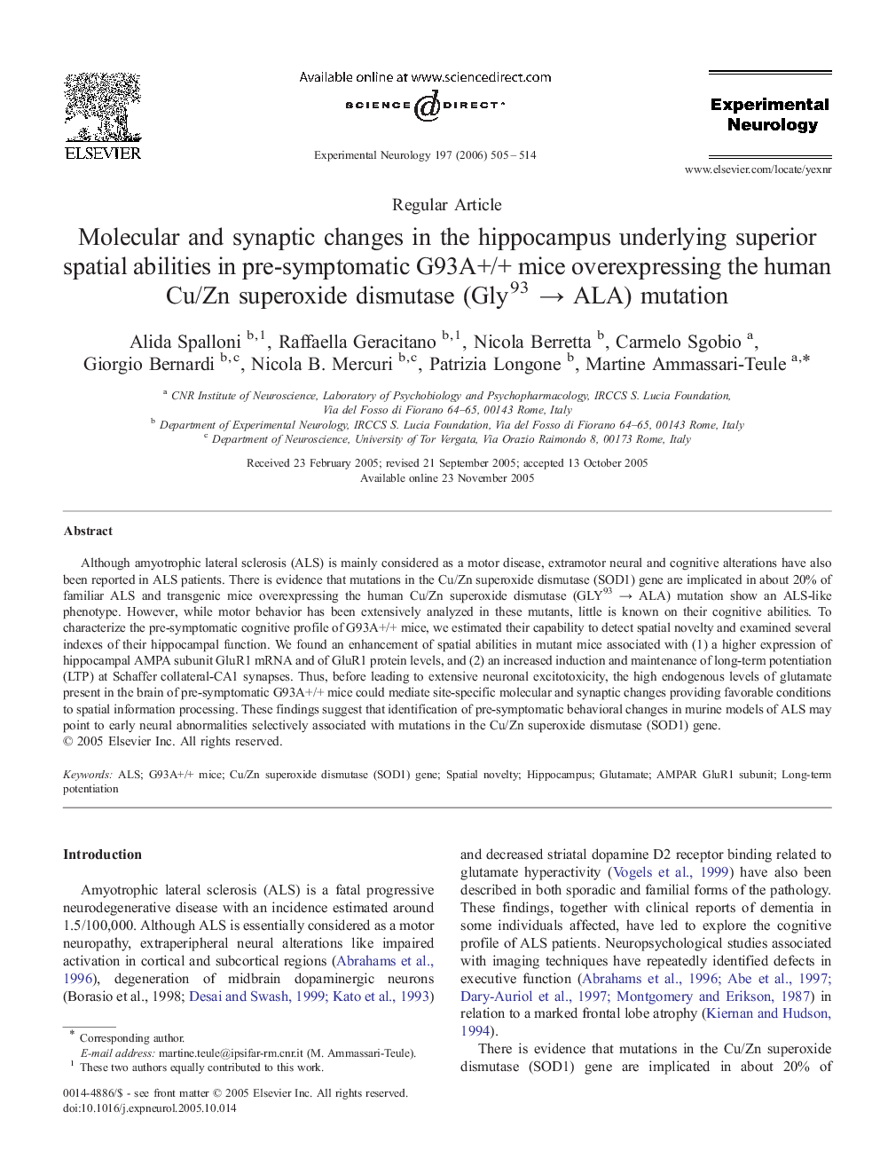 Molecular and synaptic changes in the hippocampus underlying superior spatial abilities in pre-symptomatic G93A+/+ mice overexpressing the human Cu/Zn superoxide dismutase (Gly93 → ALA) mutation