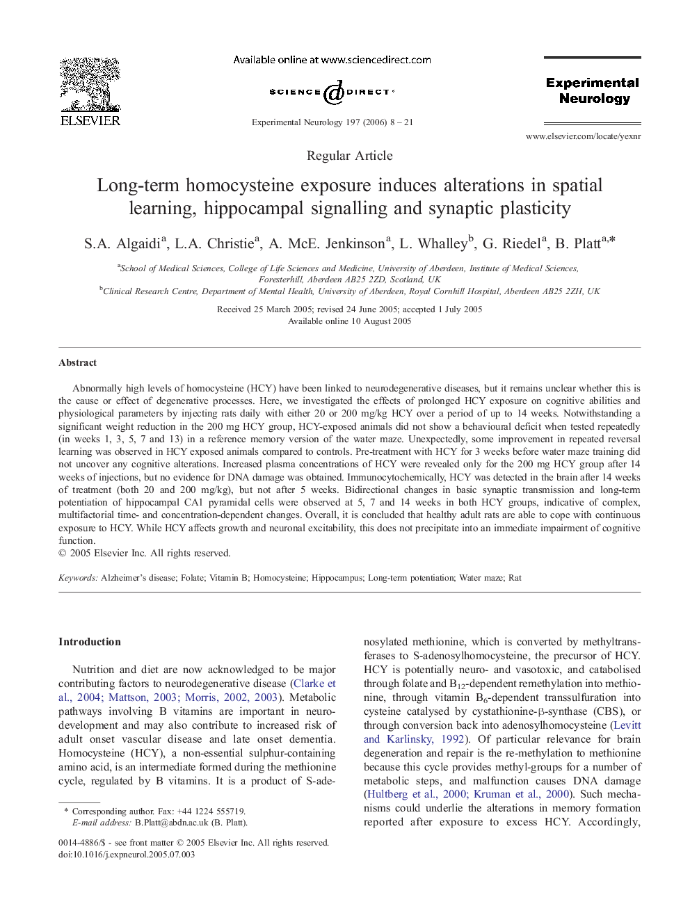 Long-term homocysteine exposure induces alterations in spatial learning, hippocampal signalling and synaptic plasticity