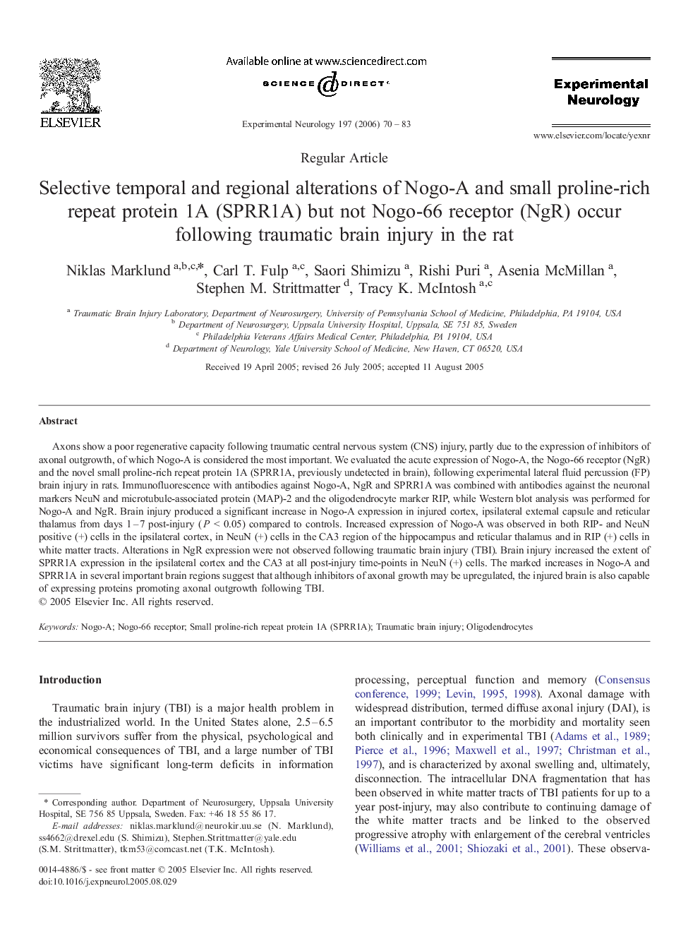 Selective temporal and regional alterations of Nogo-A and small proline-rich repeat protein 1A (SPRR1A) but not Nogo-66 receptor (NgR) occur following traumatic brain injury in the rat