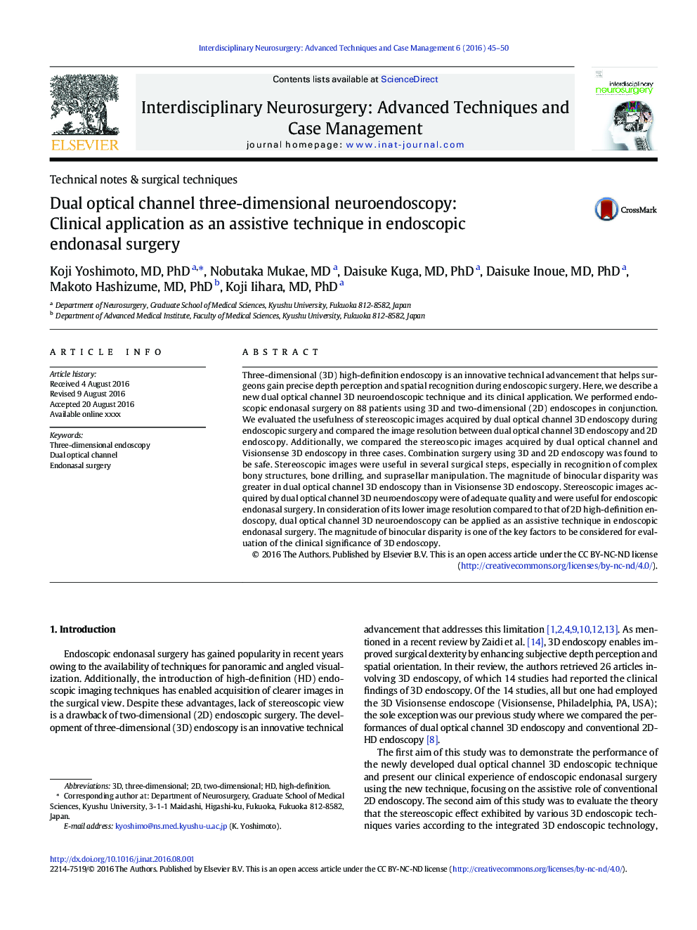Dual optical channel three-dimensional neuroendoscopy: Clinical application as an assistive technique in endoscopic endonasal surgery
