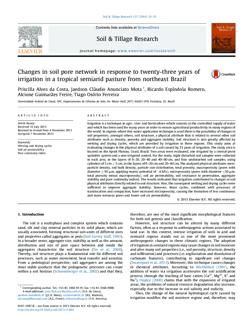 Changes in soil pore network in response to twenty-three years of irrigation in a tropical semiarid pasture from northeast Brazil