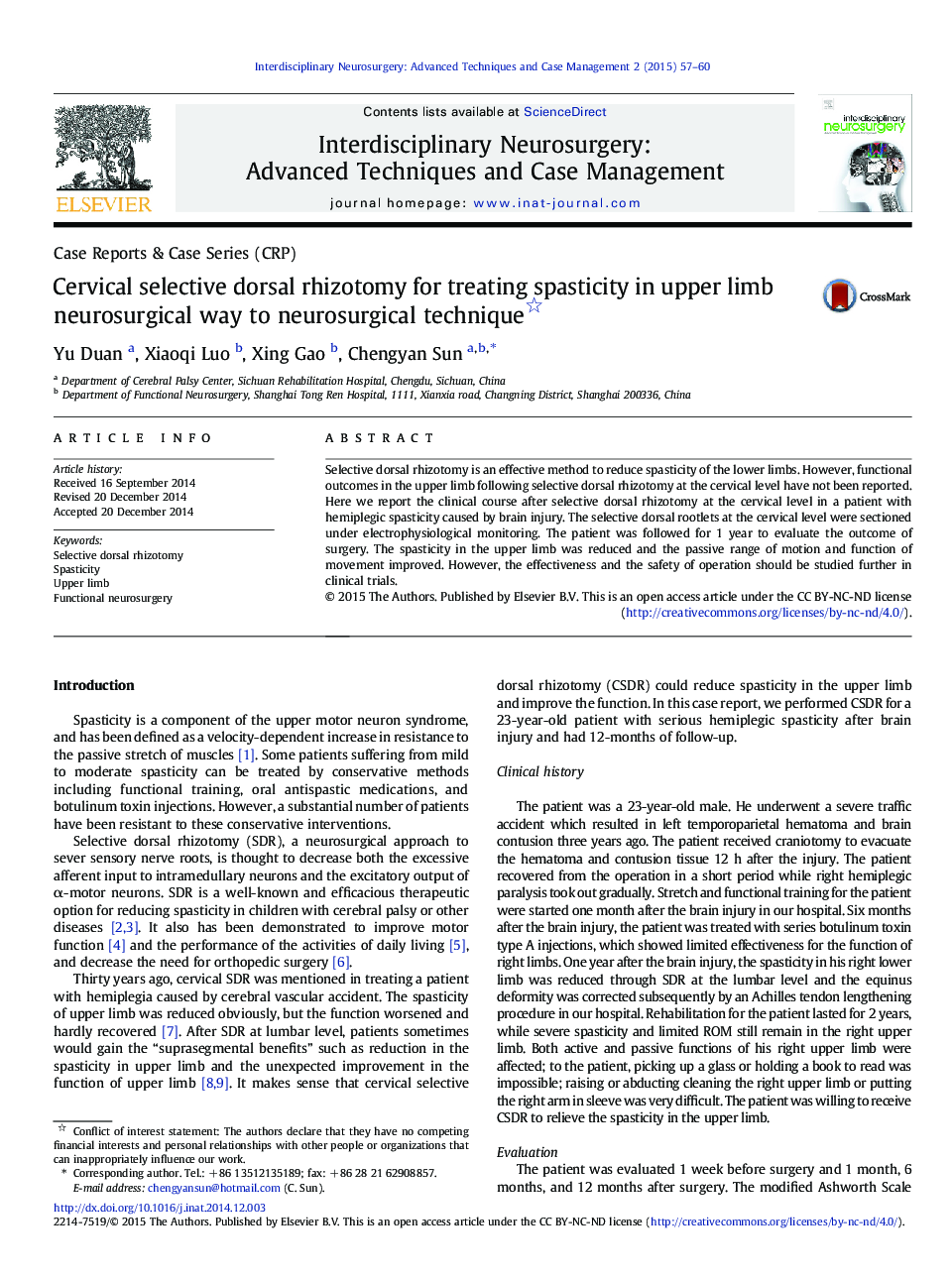 Cervical selective dorsal rhizotomy for treating spasticity in upper limb neurosurgical way to neurosurgical technique 