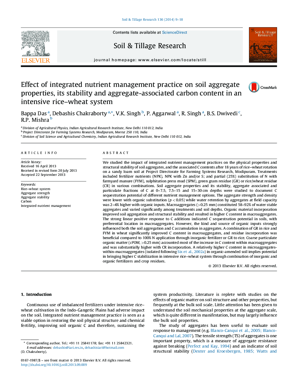 Effect of integrated nutrient management practice on soil aggregate properties, its stability and aggregate-associated carbon content in an intensive rice–wheat system