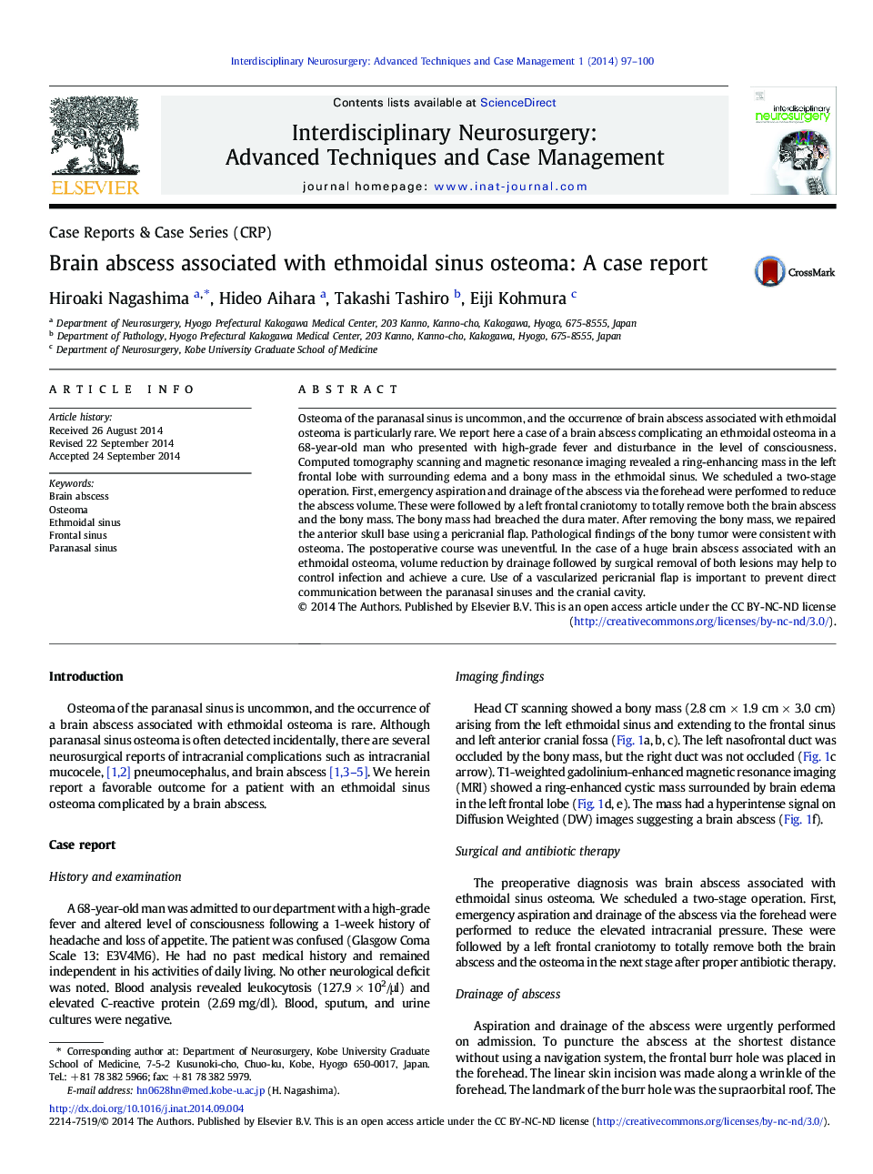 Brain abscess associated with ethmoidal sinus osteoma: A case report